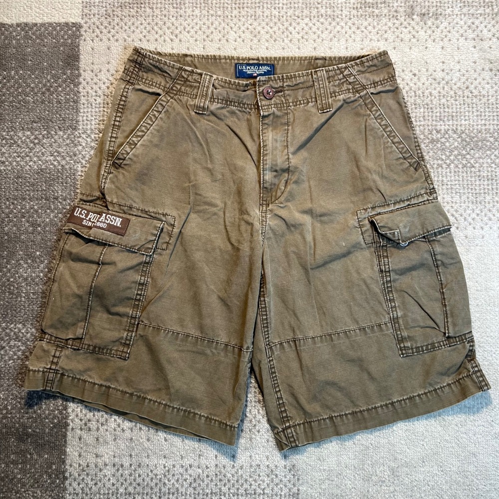 Y2K US Polo Assn Mens Cargo Shorts Brown Cotton Size 30 Utility‎ Gorpcore Hiking
